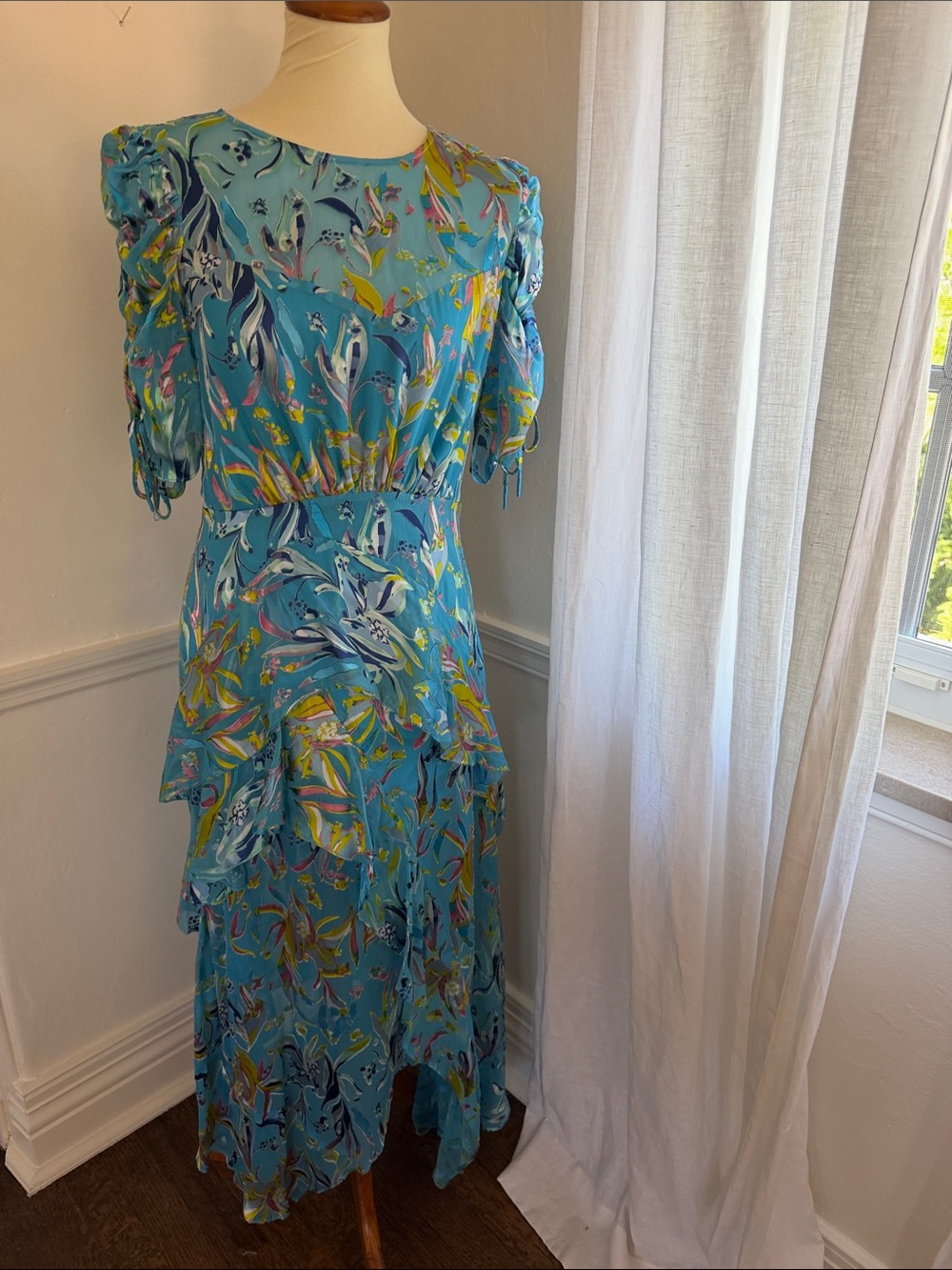 Tanya Taylor Turquoise Floral Ruffled Midi Dress